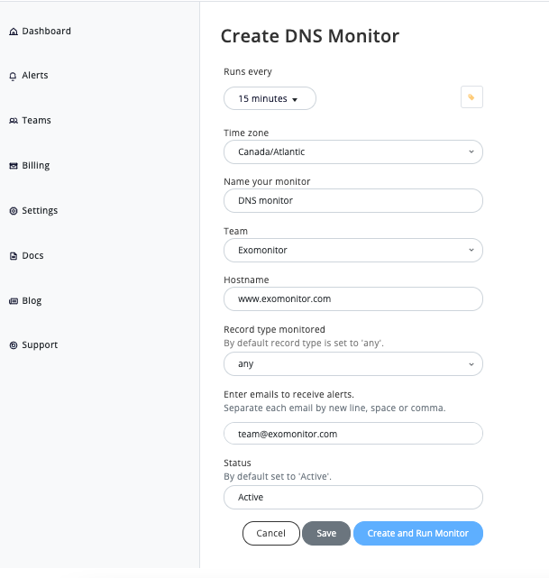 Exomonitor DNS monitor form example