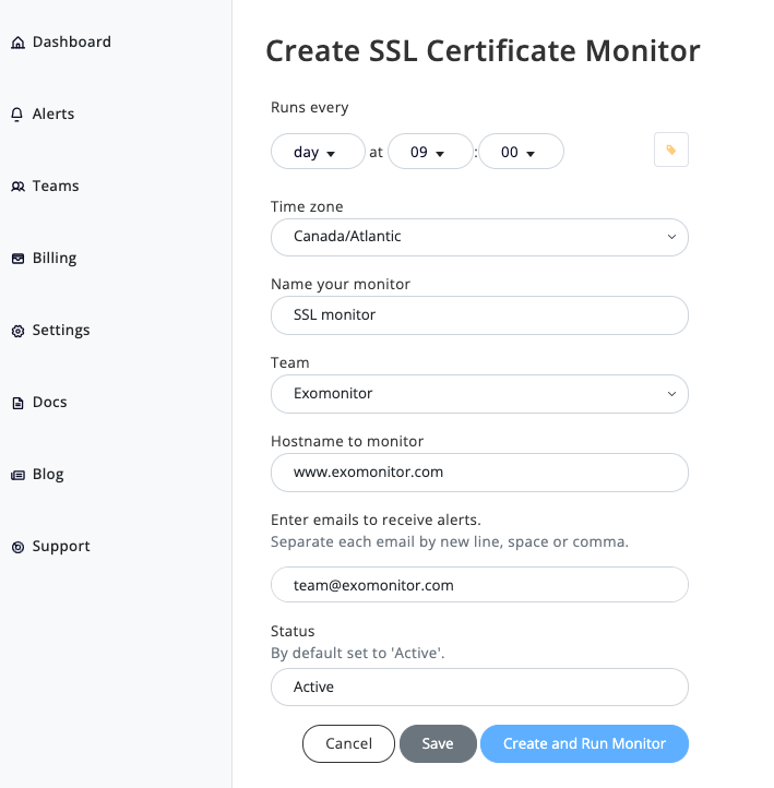 Exomonitor SSL monitor form example