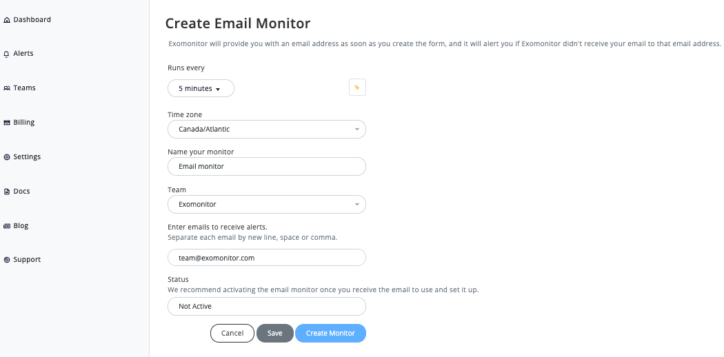 Exomonitor email monitor form example