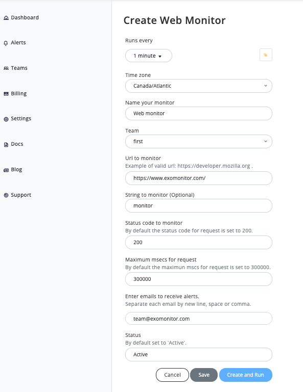 Exomonitor web monitor form example